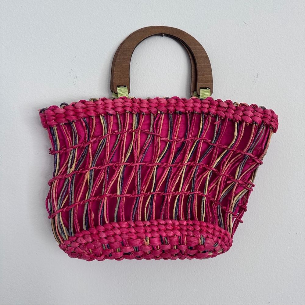 Chico’s Colorful Straw Tote Bag Wooden Handle Summer Beach Vacation Purse